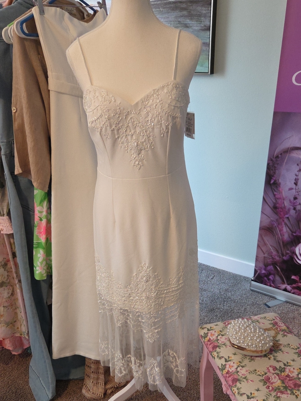 David's Bridal Soft White Beaded Midi Dress with Sheer Embroidered Hemline